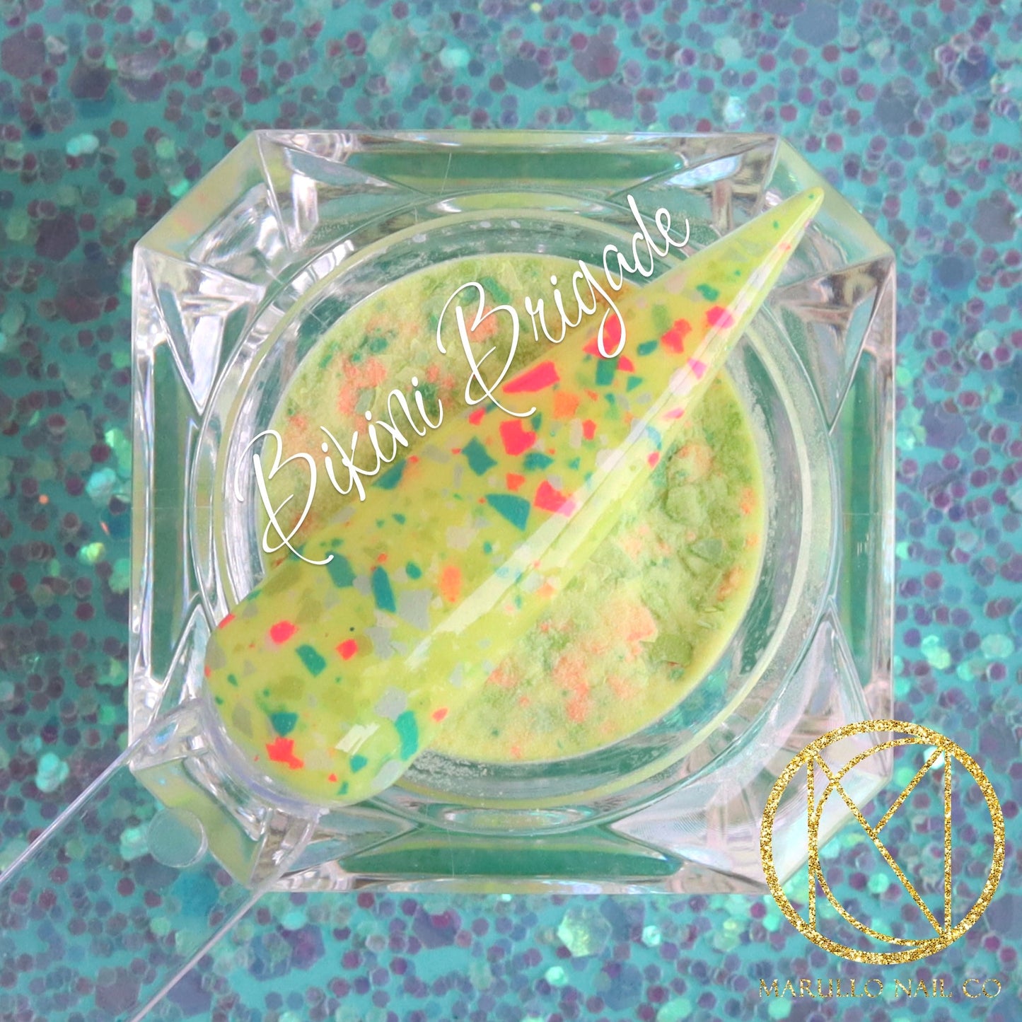 Bikini Brigade yellow terrazzo nail dip powder by Marullo Nail Co