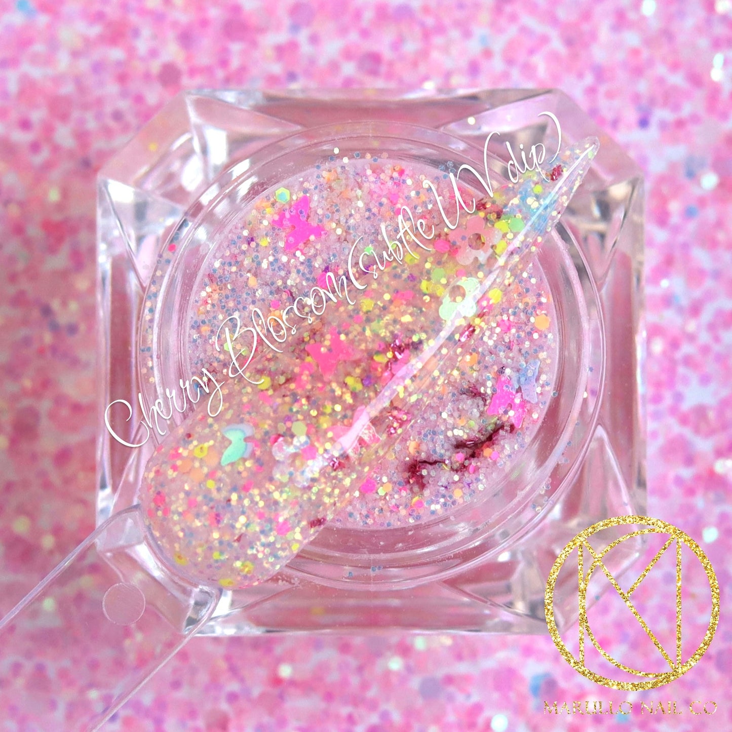 Cherry Blossom UV pink glitter nail dip powder by Marullo Nail Co