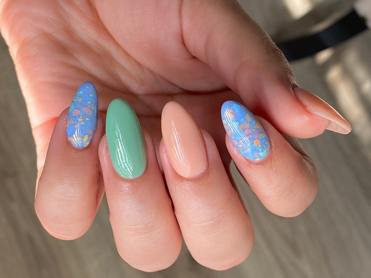 Grace blue terrazzo nail dip powder by Marullo Nail Co