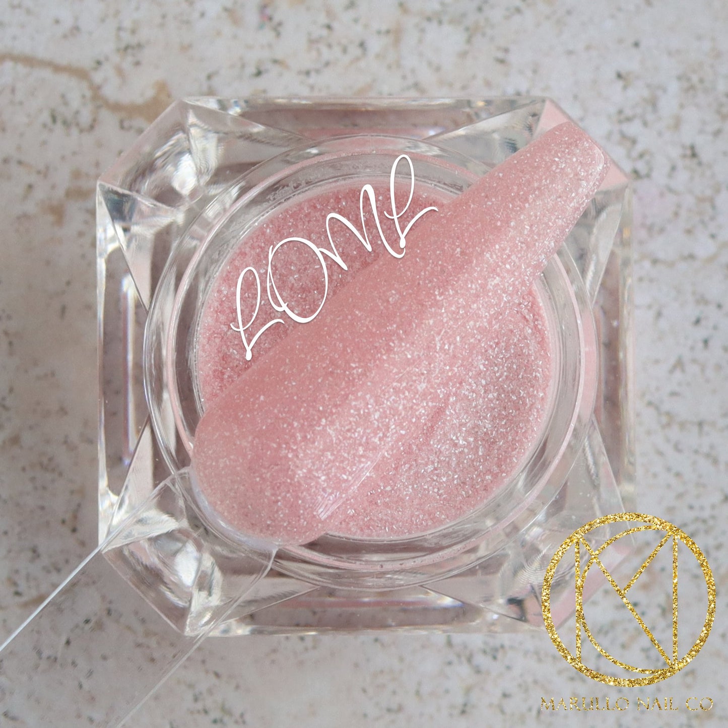 LOML pink shimmer nail dip powder by Marullo Nail Co