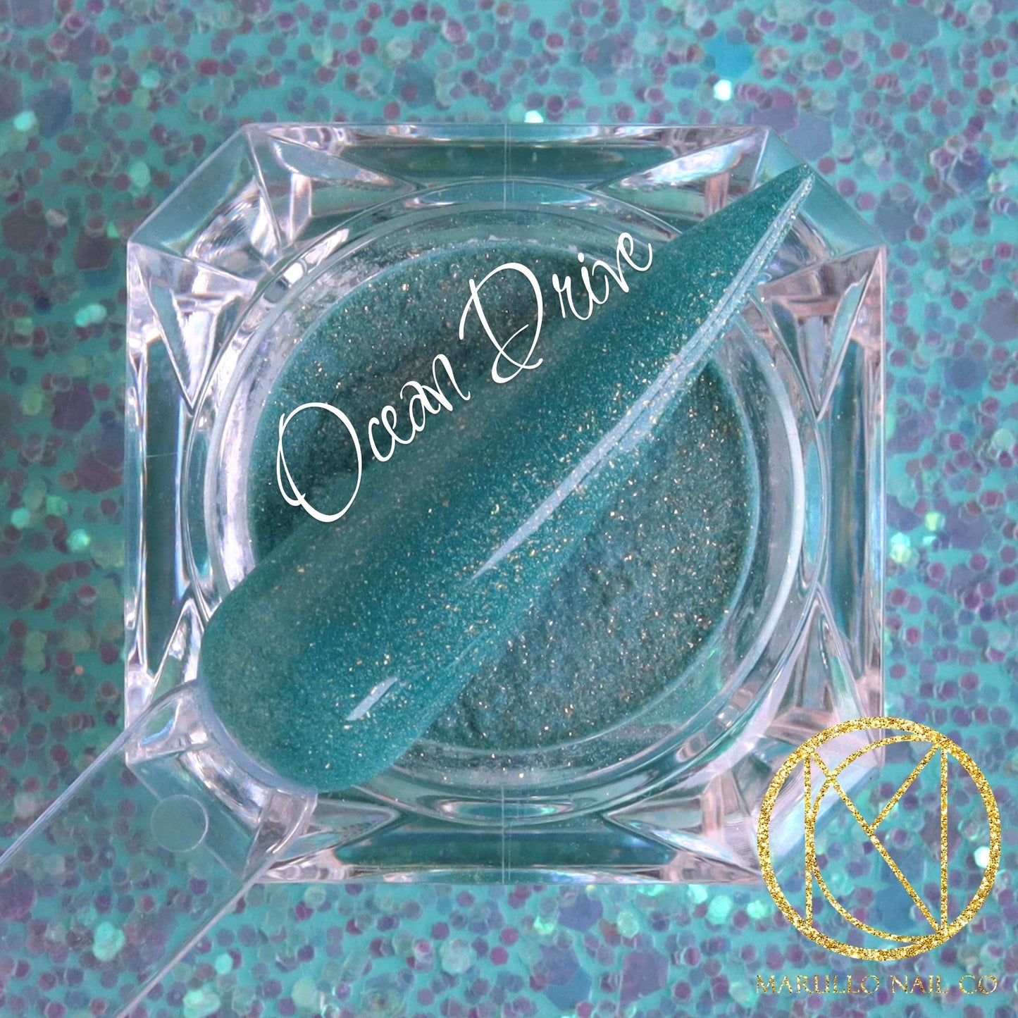 Ocean Drive blue glitter nail dip powder by Marullo Nail Co