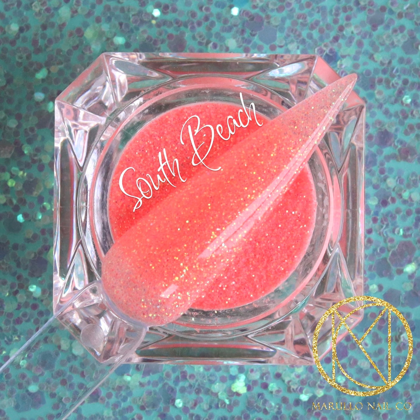 South Beach orange glitter nail dip powder by Marullo Nail Co